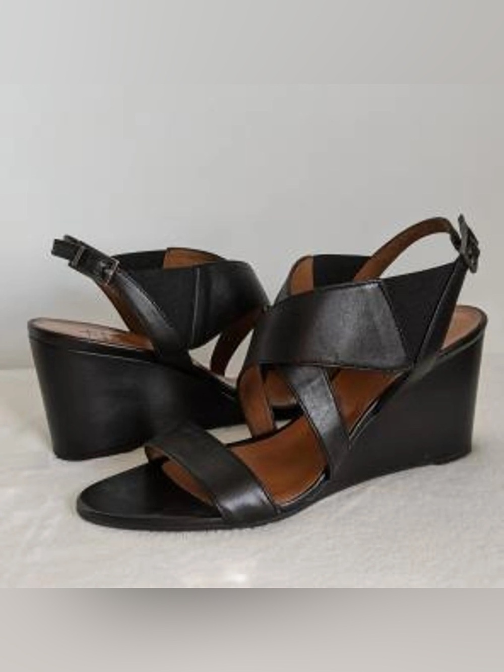 Aquatalia Black Leather Wedge Sandals with Ankle Buckle